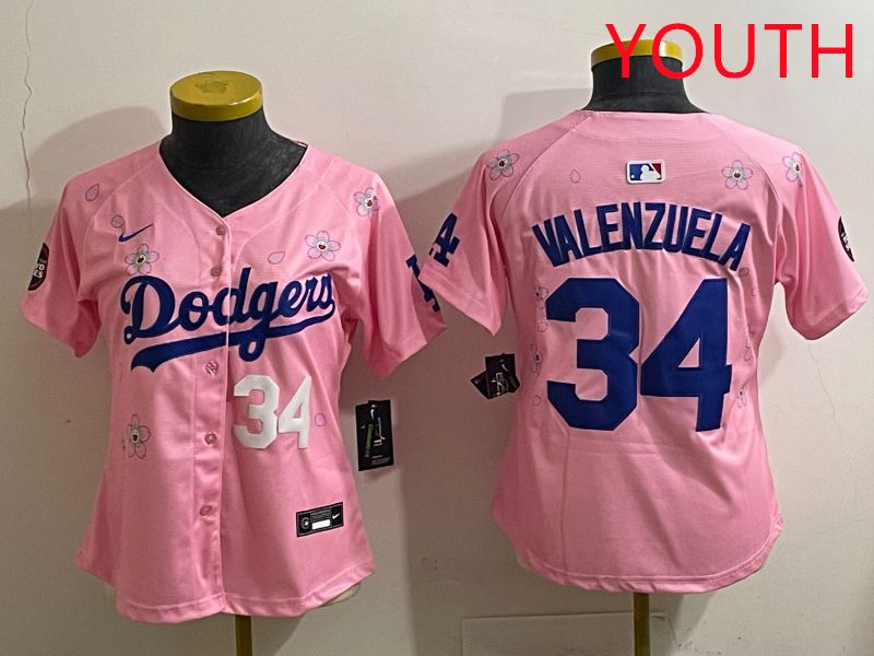 Youth Los Angeles Dodgers #34 Valenzuela Pink Sakura Edition 2025 Nike MLB Jersey style 32->youth mlb jersey->Youth Jersey